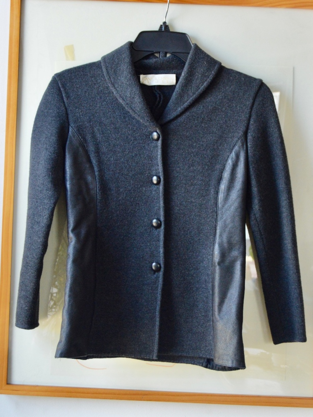 Vintage 1990s Dana Buchman Petites Wool and Black Leather Button Down Sweater S